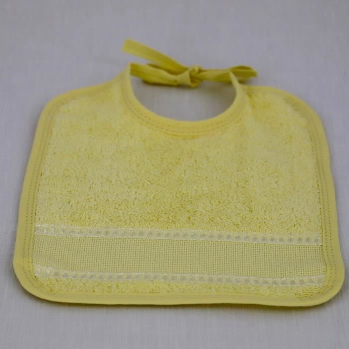 LINANDELLE - Bavoir uni en coton fermeture à liens et bande à broder AIDA - Jaune