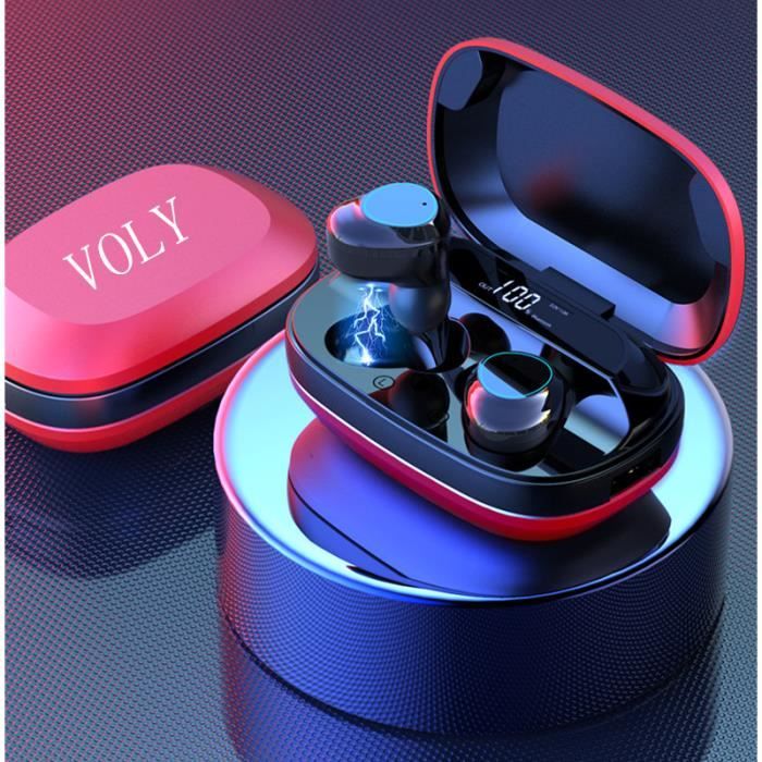 Écouteurs Bluetooth 5.0 sans Fil Sport 2000mAh Etui de Charge Autonomie 120H Stéréo IPX6 Etanche avec Mic，Power Bank-Rouge