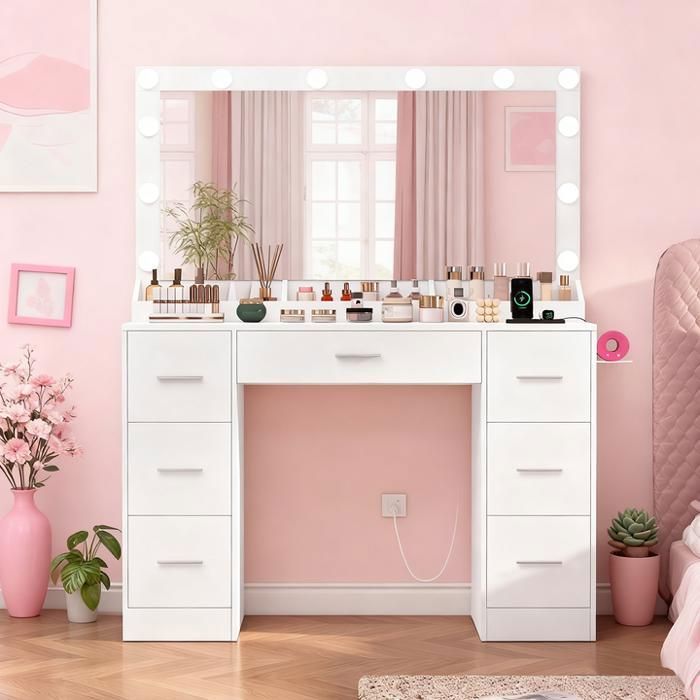 TEENFON Coiffeuse avec grand miroir et station de charge, 12 ampoules LED, Coiffeuse avec 7 tiroirs, 107*40*139cm, blanc