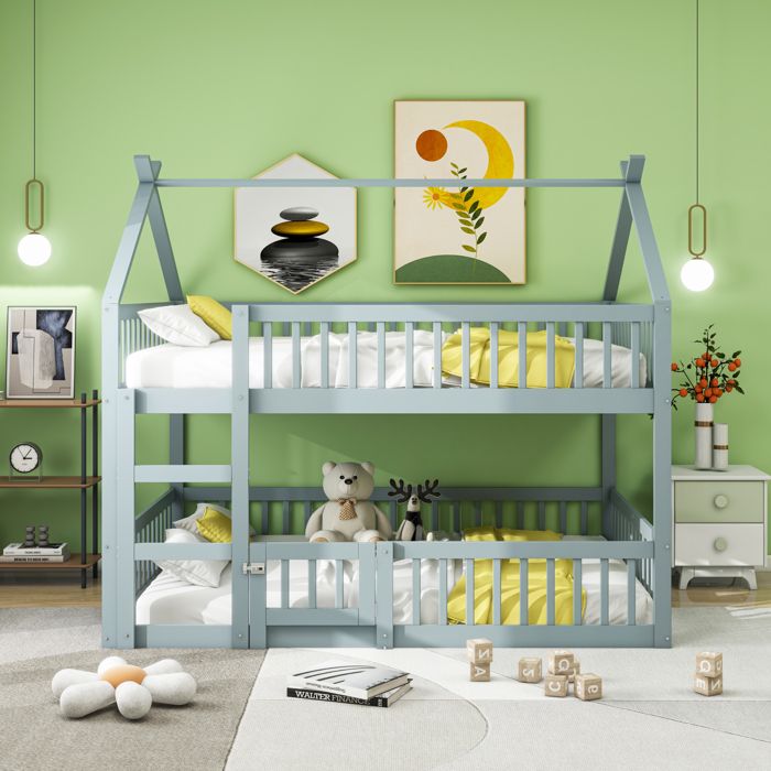 Lit superposé - BLUELINE - 140x200 cm - Bois massif - Gris - Design loft