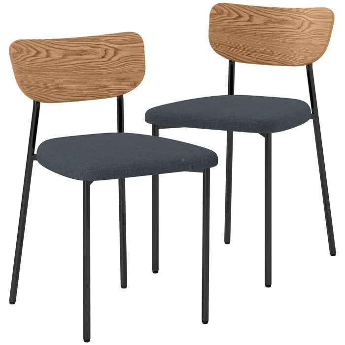Lot de 2 chaises de salle à manger - HOMCOM - pieds en acier dossier incurvé et assise rembourrée - gris et effet bois naturel