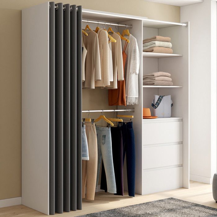 IDMARKET Dressing extensible MARTY 120/170 x 50 x 180 cm blanc avec 3 tiroirs + étagères + double penderie + rideau gris IDMARKET Dressing extensible MARTY 120/170 x 50 x 180 cm blanc avec 3 tiroirs + étagères + double penderie + rideau gris