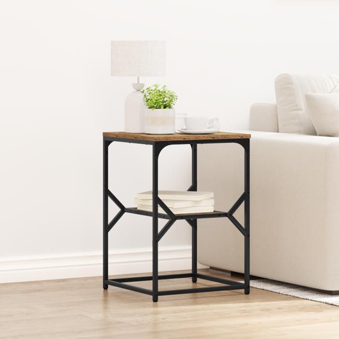 Table dappoint industrielle en bois massif récupéré et acier 41 x 40 x 60 cm — étagère style loft