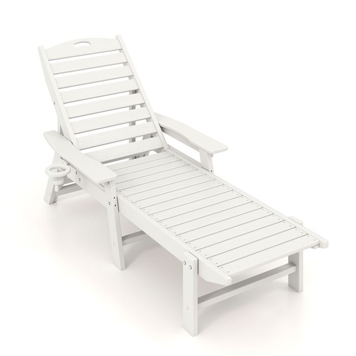 GIANTEX Chaise Longue de Jardin Fauteuil en HDPE de Loisirs avec Dossier Réglable en 4 Positions Porte-gobelet Accoudoirs Blanc