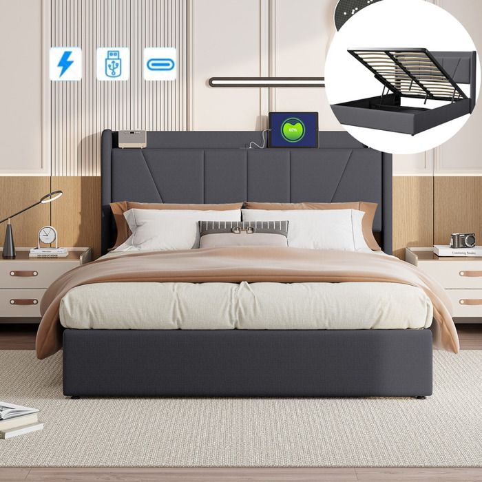ADWOLT Lit coffre 160x200 cm avec 2 USB et 1 Type-C lit 160x200 cm avec sommier à lattes et rangement tissu en lin Gris