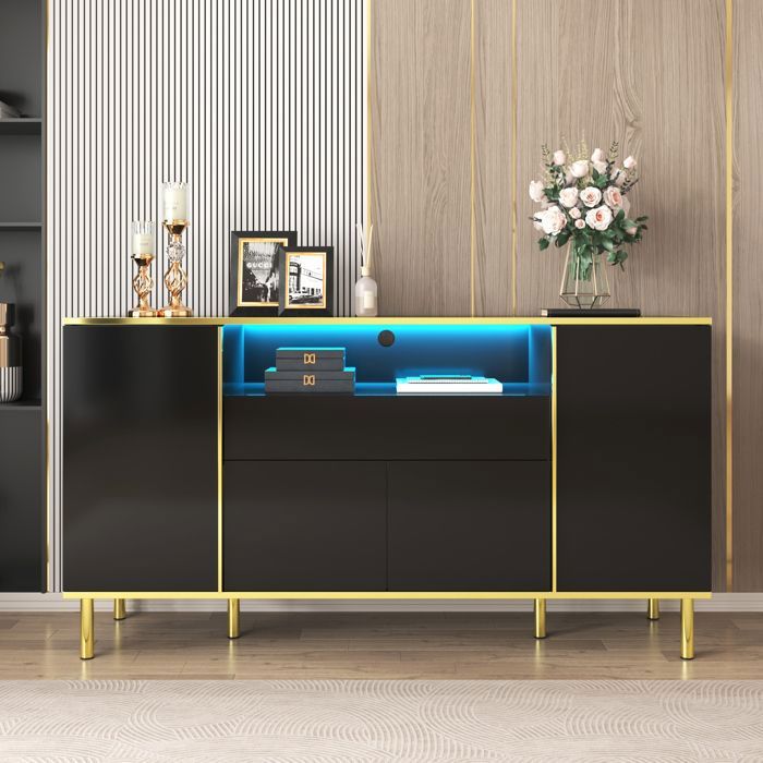Buffet Salon Noir Brillant à LED Eclairage Buffet Bahut Elégant avec 1 Tiroir 4 Portes Pieds en Métal Doré 150x40x80cm