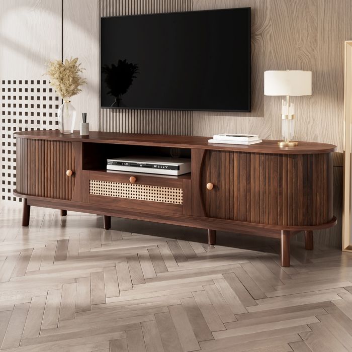 Meuble TV en Rotin avec Tiroir et 2 Portes Coulissantes Banc TV pour Salon Pieds de Table Réglables 165x37x46 cm Noyer