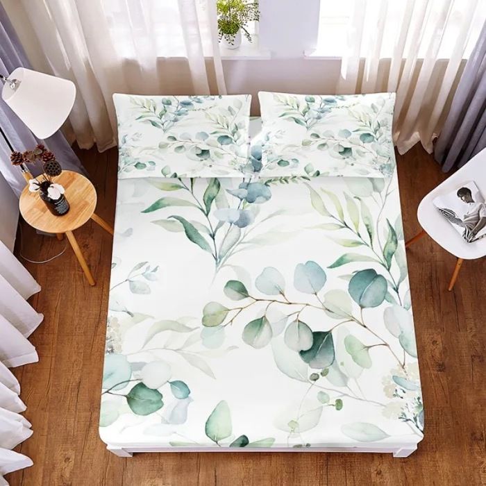 Drap Housse Motif Fleurs blanches feuilles vertes Drap Plat 2 Pers 1 x drap housse 160x200cm avec 2 x taie doreiller 63 DRAP HOUSSE
