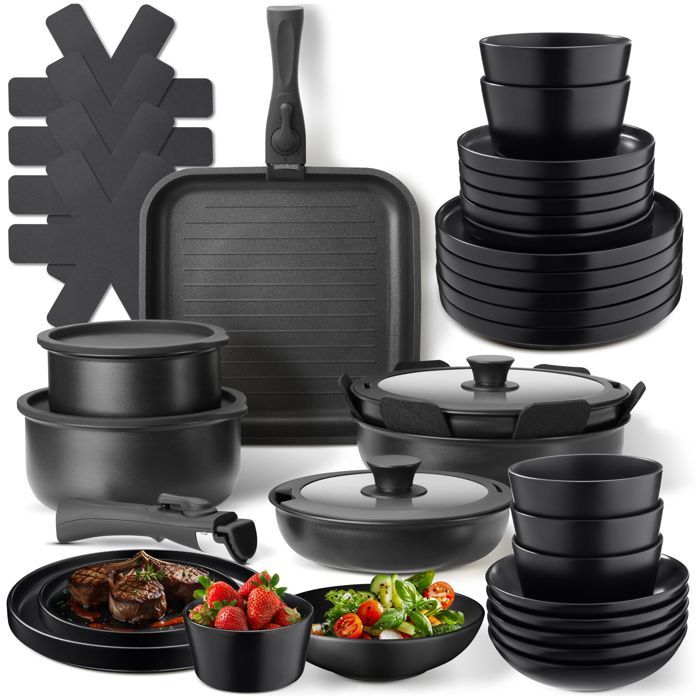 Batterie de cuisine - TECTAKE - Set de cuisine en aluminium inoxydable et grès émaillé pour 6 personnes 41 pièces - Noir/Taupe