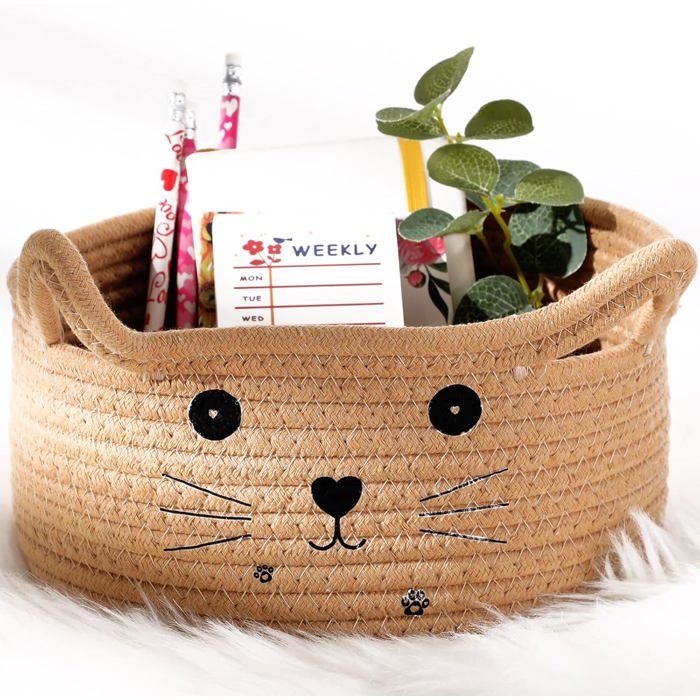 Panier de Rangement Design Chat en Corde de Coton (21x12 cm) Corbeille Mignonne Kaki pour Jouets et Animaux .
