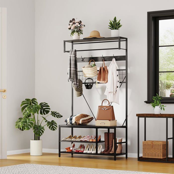 Porte-Manteau avec Banc à Chaussures Meuble dentrée avec Étagère Réglable 100x37x185 cm pour Entrée Couloir Chambre Noir