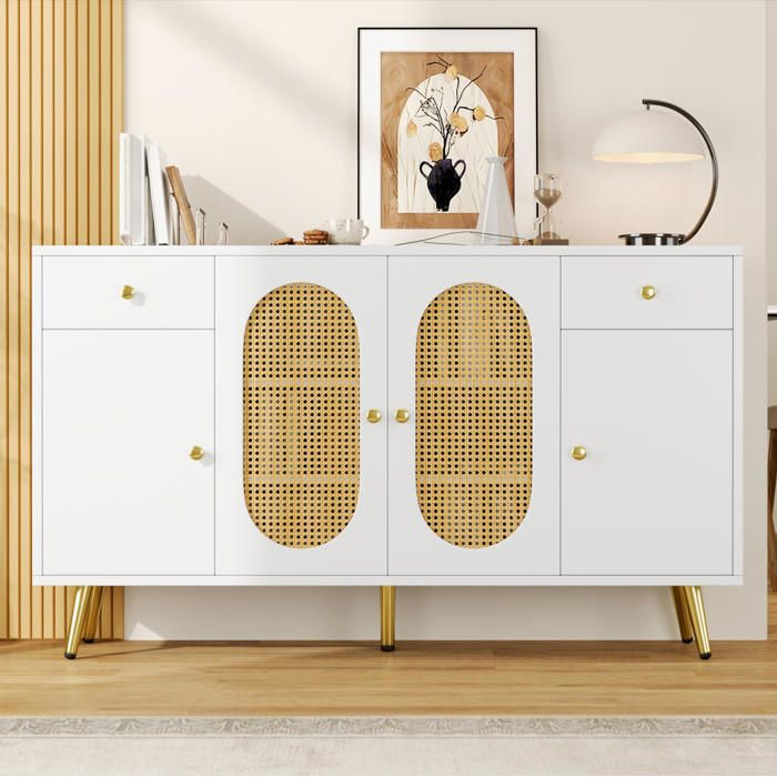 Buffet 2 tiroirs 4 portes Buffet bas en rotin Bahut moderne 140x35x82 cm Pieds en métal Etagère réglable Meuble de rangement
