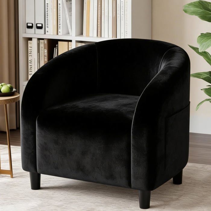 Fauteuil club en velours - LUNSY - 635x68x71 cm - Noir - Dossier en forme de U - Accoudoirs incurvés - Montage facile