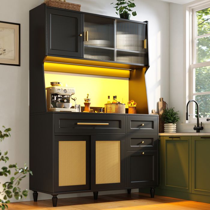 Meuble de cuisine armoire haute vitrine buffet avec étagères réglables meuble de salle à manger à 3 tiroirs vaisselier avec écl