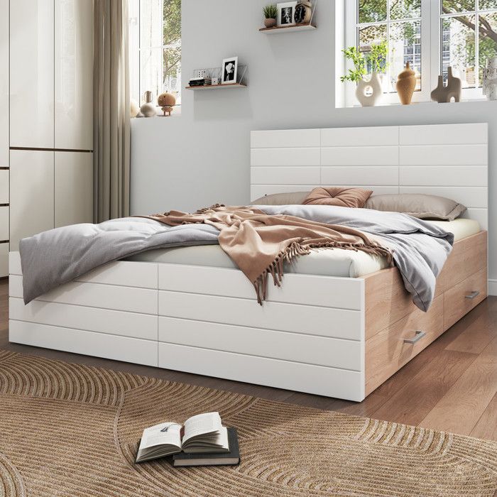 Lit double 160x200 cm bois blanc et chêne avec 2 tiroirs sommier inclus rangement intégré design moderne sans matelas