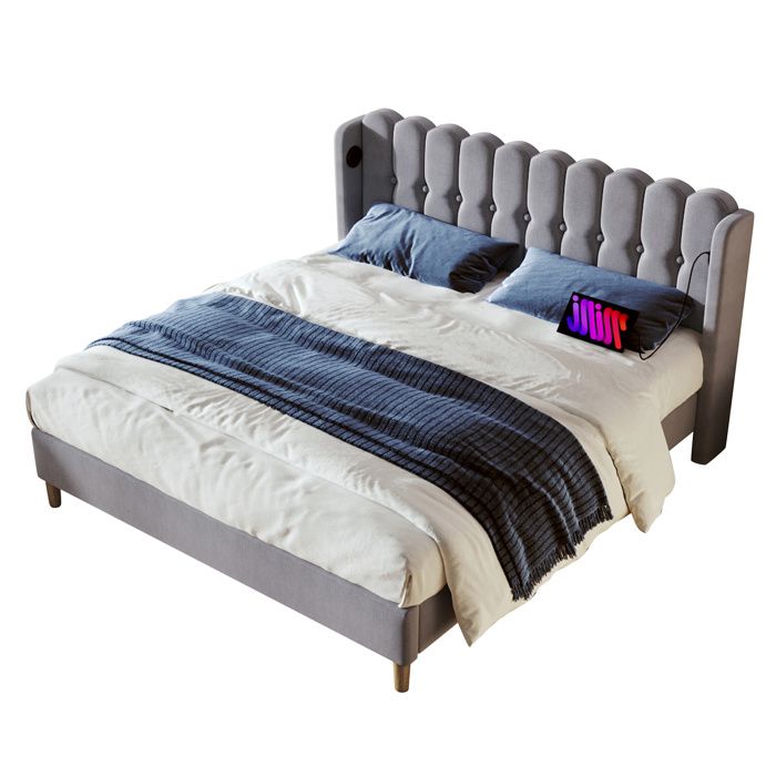VLIVRA Lit adulte 180×200 cm lit double avec tête de lit capitonnée USB et Type-C - sans matelas - en lin gris