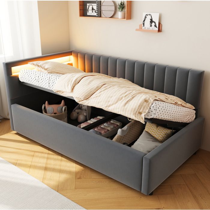 Lit coffre rembourré à lattes - ELVMI - LED rangement hydraulique velours gris - 90 x 200 cm