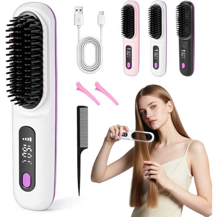 Brosse Chauffante Céramique Brosse Coiffante Cheveux Courts Mini Brosse Lissante Chauffante Anti-Brûlure Chauffante Cheveux Cou