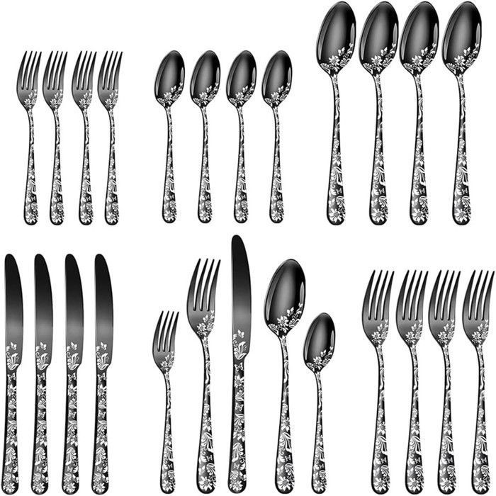 30 pièces Couverts de Table 6 personnes noir en acier inoxydable Design aux motifs floraux pour cuisine restaurant fête