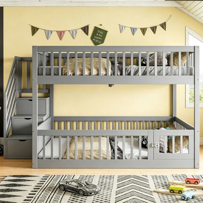 Lit superposé bois gris 140x200 pour enfant ado escalier sécurité tiroirs rangement lit double fonctionnel domicile Sans Matelas Lit superposé bois gris 140x200 pour enfant ado escalier sécurité tiroirs rangement lit double fonctionnel domicile Sans Matelas