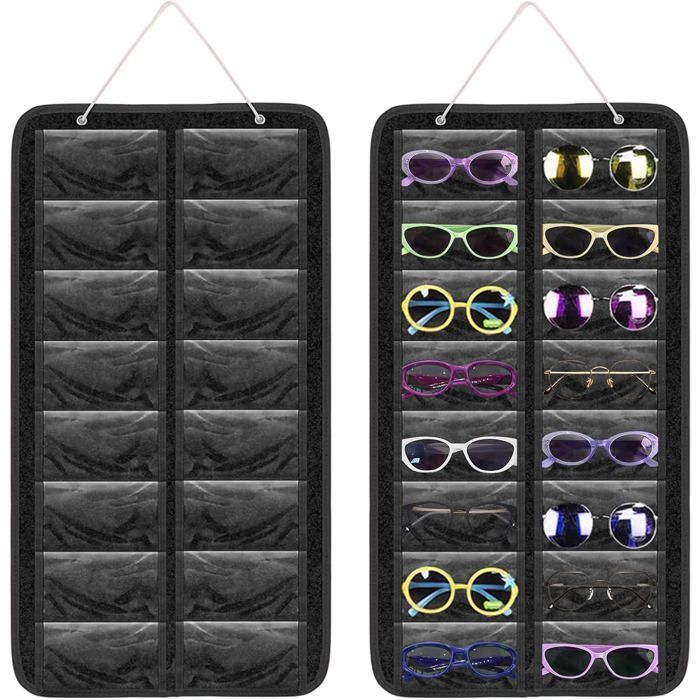 Organisateur lunettes 16 compartiments en feutre - Anti-poussière suspension murale ou à porte - Rangement lunettes de soleil Noir