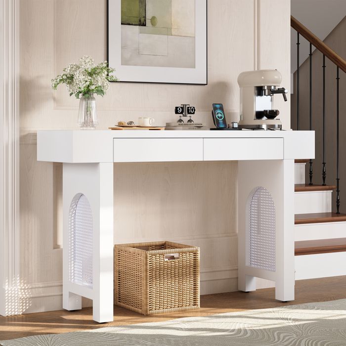 meuble rangement console avec prises et tiroirs 120x35 5x76 5 cm MDF blanc design scandinave entrée EVRYAE