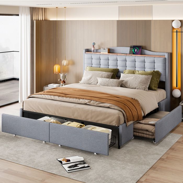 Polsterbett 160x200 cm en tissu lin gris avec 4 tiroirs et table de chevet USB intégrée