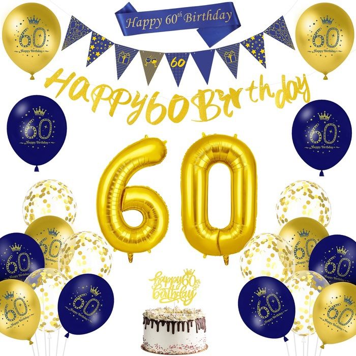 AUAUY Décoration Anniversaire 60 Femme Homme Bleu et or kit de ballon joyeux anniversaire Happy 60th Birthday Or B BALLON DECORATIF