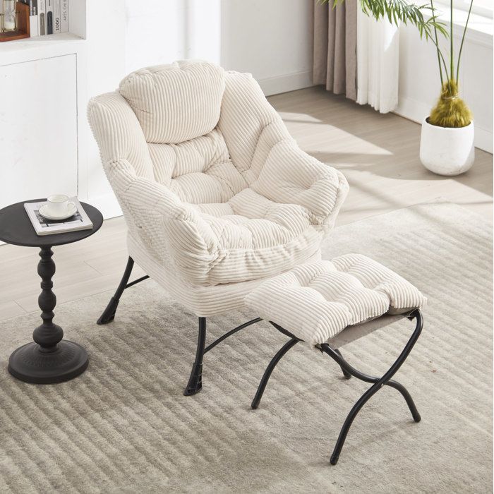 Fauteuil de relaxation avec ottoman – accoudoirs poche latérale tissu doux acier – Blanc