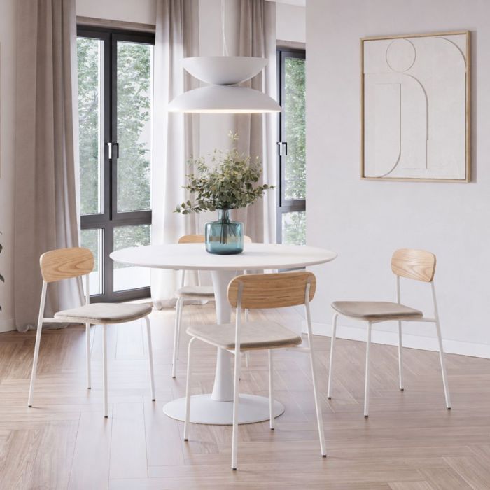 Table ronde blanche + 4 chaises bois beige et métal blanc - CANTIQUE
