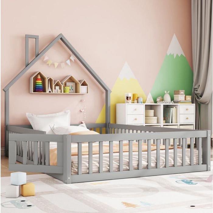 Lit cabane 140x200 cm - Lit double - Avec sommier à lattes - Avec barrières de sécurité - En pin - Gris