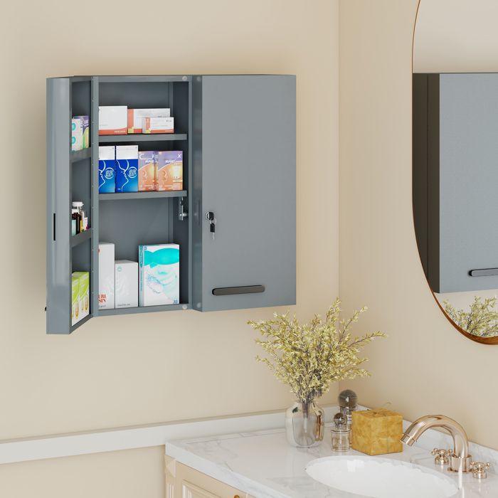Armoire à pharmacie - 2 portes 6 étagères - Verrouillable - Gris anthracite - Acier anti-rouille