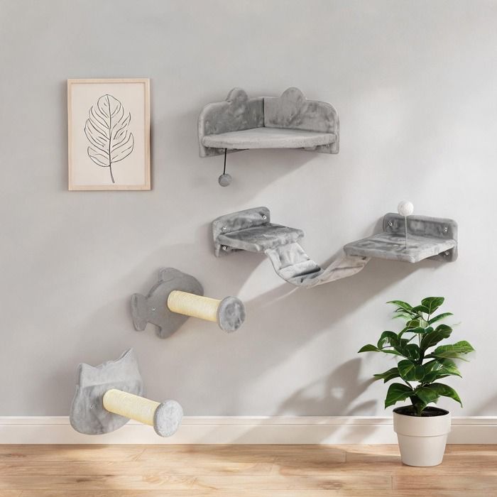 Ensemble mural pour chat 4 pièces en bois et sisal plateforme et marches classic gray intérieur