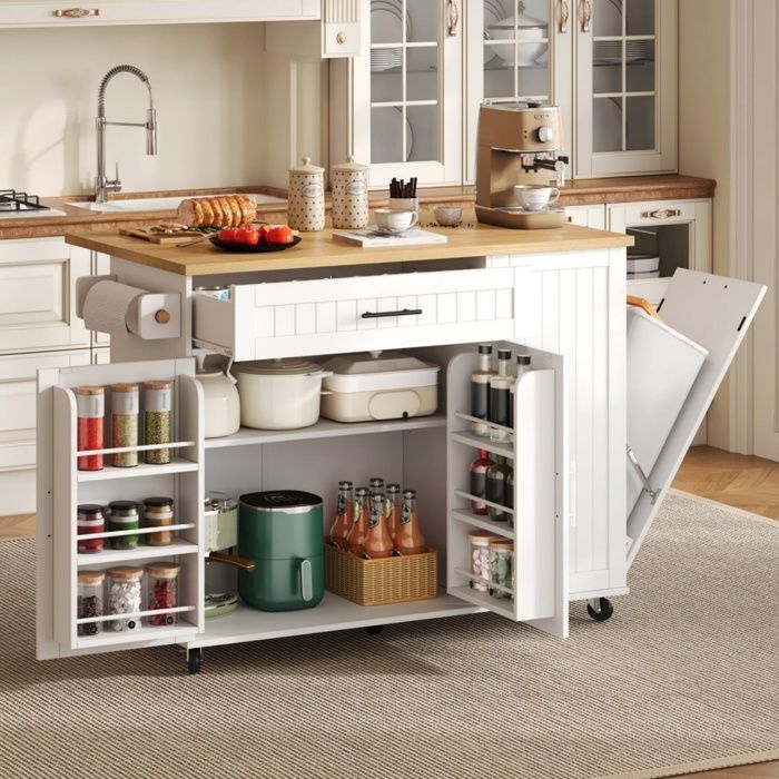 Îlot de cuisine mobile 130x45-70x93 cm - plateau rabattable - meuble poubelle - rangements - roulettes freinées - MDF - naturel