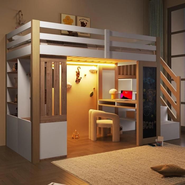 Lit mezzanine enfant - KOMHTOM - 90x200 cm - Pin massif - Bureau intégré - Rangement & LED Lit mezzanine enfant - KOMHTOM - 90x200 cm - Pin massif - Bureau intégré - Rangement & LED