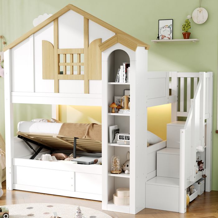 Lit superposé maison enfant 2 couchages 90x200 cm lit inférieur coffre hydraulique escalier rangement LED pin/MDF blanc/naturel