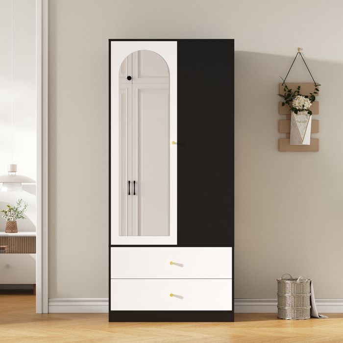 Armoire 80 x 40 x 180 cm avec miroir 1 porte 2 tiroirs et 4 étagères blanc et noir Armoire 80 x 40 x 180 cm avec miroir 1 porte 2 tiroirs et 4 étagères blanc et noir