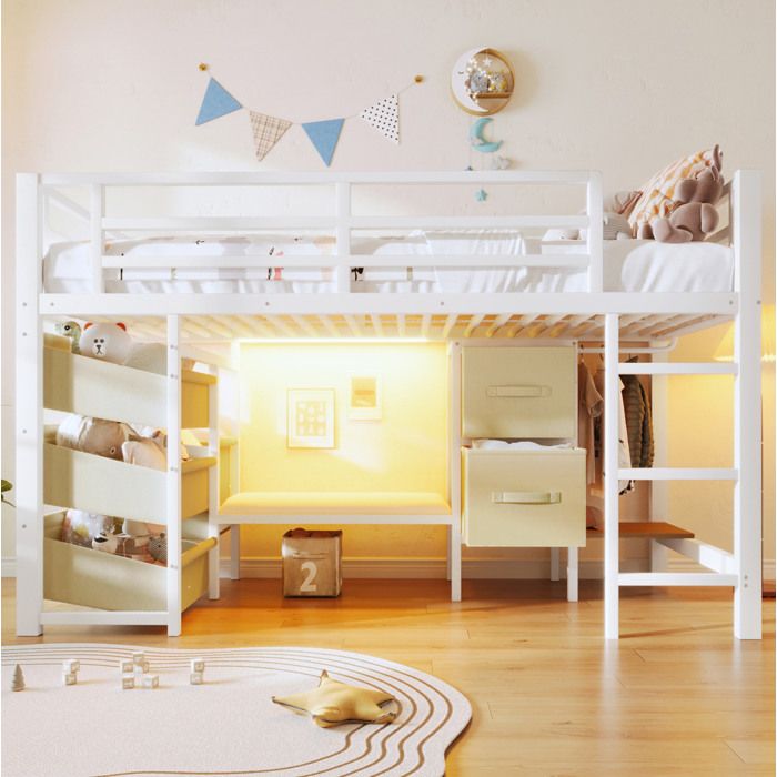 VUENOR Lit mezzanine 90x200 cm blanc – bureau intégré rangements tissu sans matelas