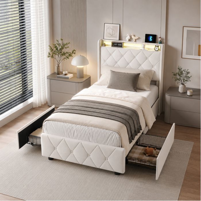 Lit enfant 90x200 cm avec Sommier LED et USB Tpye C Lit coffre avec 2 tiroirs de Rangement Lit une place Velours1 personne