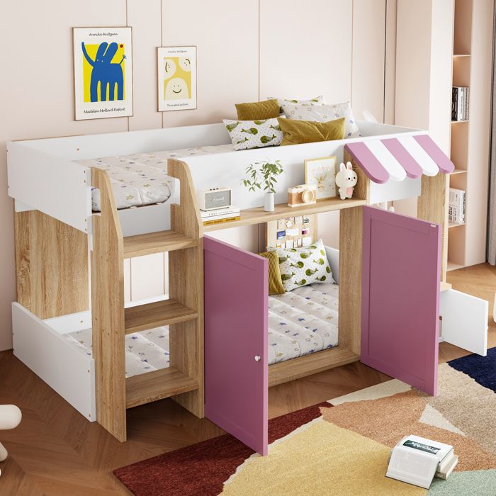 Lit maison enfant 90x200 cm bois massif avec rangement ouvert échelle mezzanine basse blanc rose naturel