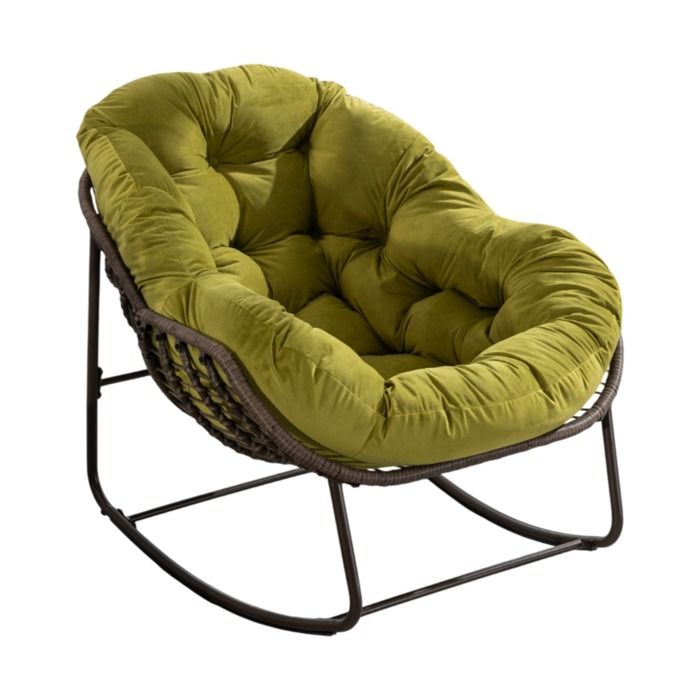 ELVORIN Fauteuil à bascule dextérieur rotin synthétique coussin épais structure en acier vert olive 78 x 106 x 90 cm