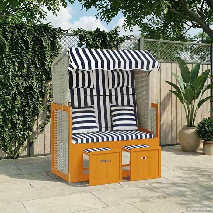 1 pc Strandkorb de jardin résistant aux UV avec coussin s Résine tressée bois solide blanc bleu LL4907