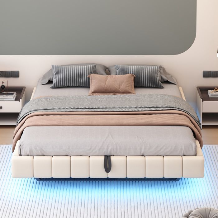 Sommier tapissier 180 x 200 cm AESVAR effet flottant coffre de rangement LED sans tete de lit beige