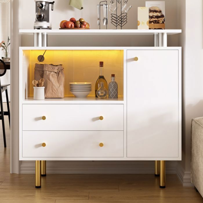 Buffet Salon LED 80 cm - Blanc - avec 2 Portes Coulissantes en Verre - 2 Tiroirs - 1 Porte - Pieds en Métal Buffet Salon LED 80 cm - Blanc - avec 2 Portes Coulissantes en Verre - 2 Tiroirs - 1 Porte - Pieds en Métal