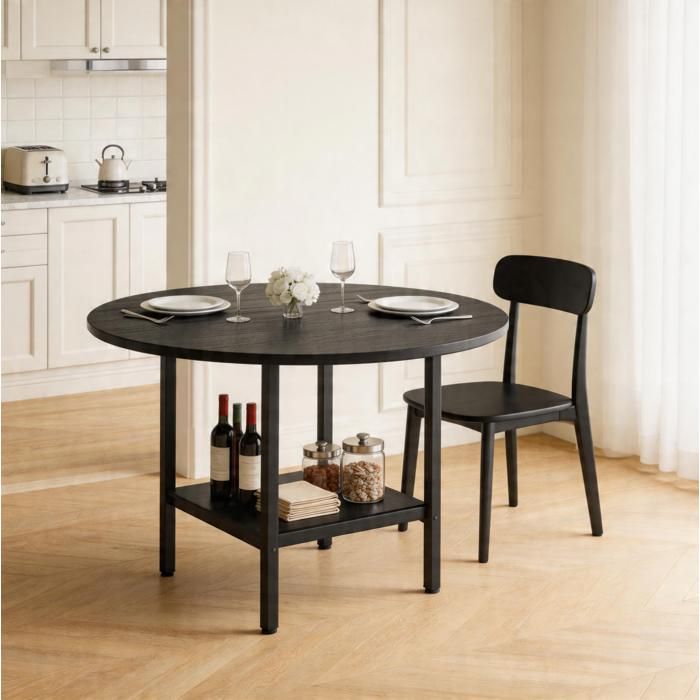 MEULVA Table à manger ronde 100 cm avec étagère de rangement MDF effet bois noir et structure métal noir 4-6 personnes
