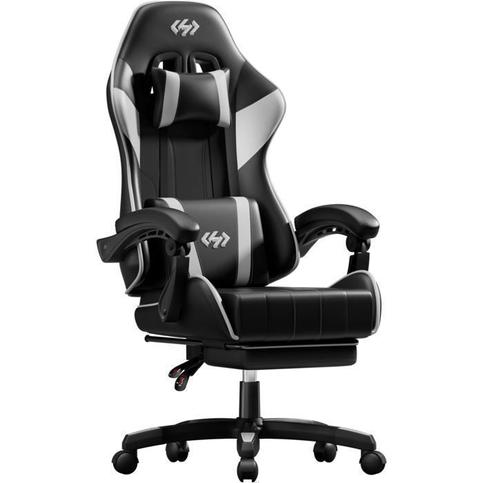 Fauteuil Ergonomique avec Repose-Pieds et Coussin Lombaire Inclinable 90°-135° pour Chambre et Travail Noir et Blanc