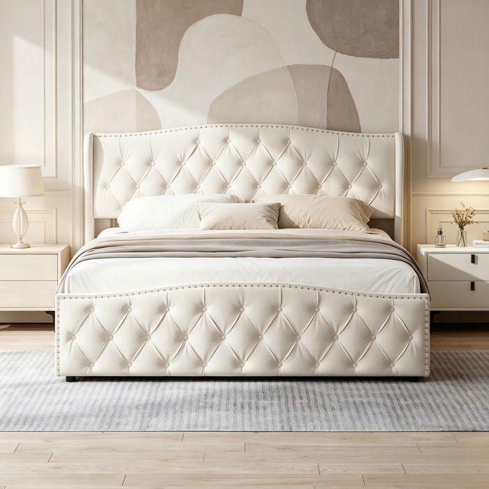 Lit 160x200 cm coffre de lit lampes de lecture ports USB sommier à lattes tissu en velours beige