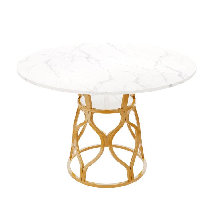 Table à manger ronde 100 x 100 x 75 cm plateau MDF aspect marbre structure métallique dorée étagère intégrée