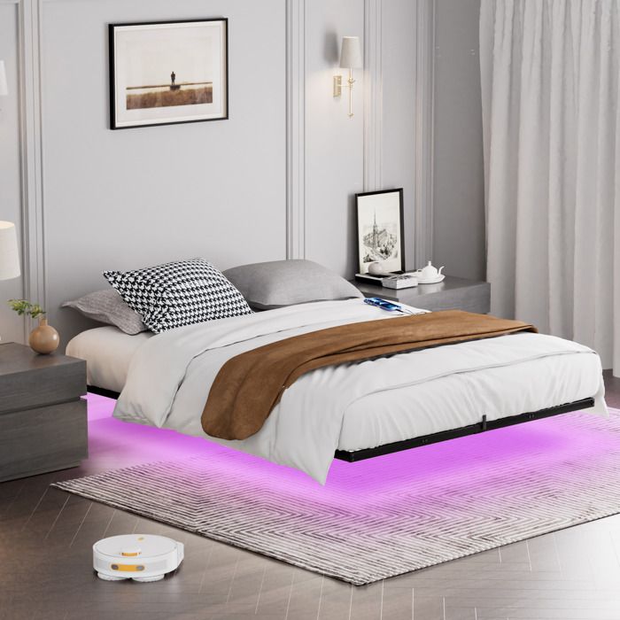 Lit cadre - MINIMAL - métal 160x200 noir LED sommier lattes métalliques flottant montage simple adulte enfant Lit cadre - MINIMAL - métal 160x200 noir LED sommier lattes métalliques flottant montage simple adulte enfant