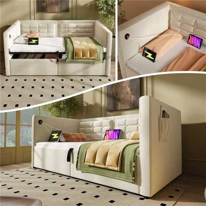 Lit coffre 90x200 avec rangement hydraulique et station de charge USB Type-C canapé lit invité velours beige